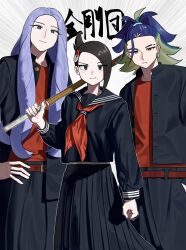 1girl 2boys adaman_(pokemon) alternate_costume belt black_serafuku black_shirt black_skirt blue_hair bright_pupils brown_eyes clenched_hands closed_mouth creatures_(company) delinquent eyebrow_cut game_freak hair_ornament hand_on_own_hip highres holding long_hair long_skirt long_sleeves looking_at_viewer loose_hair_strand mai_(pokemon) melli_(pokemon) mole mole_under_mouth multiple_boys neckerchief nintendo pleated_skirt pokemon pokemon_legends:_arceus purple_hair red_neckerchief revision school_uniform serafuku shirt skirt smile sukeban sword umebosi_nigame weapon white_pupils wooden_sword