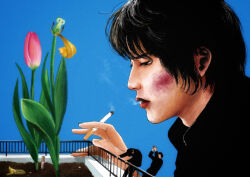 3boys aoi_haru_(film) between_fingers black_eyes black_hair black_jacket blue_background bruise bruise_on_face cigarette clapping commentary_request falling flower gakuran giant half-closed_eyes hands_up highres holding holding_cigarette injury jacket kujo_(aoi_haru) looking_at_flowers multiple_boys on_railing pink_flower portrait profile railing rooftop school_uniform short_hair simple_background smoking soil solo_focus surreal symbolism tulip wilted_flower wymaaa