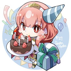 1girl anniversary balloon birthday_cake blush cake candle celica_(fire_emblem) chibi chocolate_cake earrings fire_emblem fire_emblem_echoes:_shadows_of_valentia food fruit gift hat jewelry long_hair nintendo party_hat party_popper red_eyes red_hair ryoto_soukyuu strawberry tiara