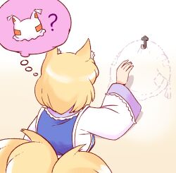1girl animal_ear_fluff animal_ears bilingual_commentary blonde_hair blue_tabard commentary english_commentary fox_ears fox_tail from_behind hat highres kitsune korean_commentary long_sleeves medium_hair mirae_somang mixed-language_commentary multiple_tails no_headwear solo speech_bubble tabard tail thought_bubble touhou wide_sleeves yakumo_ran