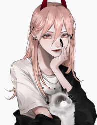 1girl absurdres aegyo_sal barbell_piercing black_jacket black_nails brown_eyes cat chain chain_necklace chainsaw_man closed_mouth commentary_request demon_horns ear_piercing earrings eyelashes fingernails grey_background hair_between_eyes hand_on_own_chin highres horns jacket jacket_partially_removed jewelry lips lipstick long_fingernails long_hair looking_at_viewer makeup mano_aaa nail_polish necklace piercing pink_hair power_(chainsaw_man) red_horns red_lips shirt short_sleeves simple_background solo t-shirt upper_body white_shirt zipper