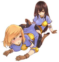 Rule 34 | 2girls, archer (ragnarok online), armored skirt, blonde hair, blue shirt, blush, boots, breasts, brown eyes, brown footwear, brown gloves, brown hair, commentary request, full body, gloves, highres, lifting another&#039;s clothes, long hair, looking at another, medium breasts, multiple girls, muneate, nose blush, open mouth, ragnarok online, shirt, short hair, short sleeves, simple background, white background, yukizaki (snowy cape), yuri