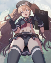 1girl ammunition_belt ammunition_pouch black_panties black_thighhighs brown_eyes brown_hair commentary_request cropped_shirt fang feet_out_of_frame flat_chest from_below goddess_of_victory:_nikke hat highres holding light_blush long_hair looking_at_viewer midriff military_hat miniskirt miranda_(nikke) navel neckerchief panties partial_commentary pleated_skirt pouch red_neckerchief revision sailor_collar sailor_shirt shirt sketch skin_fang skirt solo standing syope thighhighs thighs twintails underwear upskirt very_long_hair