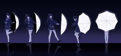 1girl black_hair black_jacket black_shoes black_skirt blazer from_behind full_moon highres holding holding_umbrella jacket lapels loafers long_hair ma52887610 miniskirt moon multiple_views nijisanji plaid_clothes plaid_skirt pleated_skirt reflective_floor school_uniform shoes skirt smile standing standing_on_one_leg thighhighs tsukino_mito tsukino_mito_(1st_costume) umbrella virtual_youtuber white_thighhighs white_umbrella