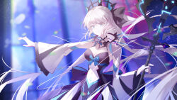 1girl absurdres black_dress black_tiara blue_eyes blurry blurry_background bow breasts cleavage clothing_cutout collar dress fate/grand_order fate_(series) floating_hair glowing grey_hair hair_bow highres holding holding_staff lens_flare light_particles long_hair long_sleeves looking_ahead luozhou_pile medium_breasts morgan_le_fay_(fate) morgan_le_fay_(third_ascension)_(fate) navel navel_cutout outstretched_arm solo spiked_collar spikes staff standing stomach_tattoo tattoo tiara two-tone_dress very_long_hair wide_sleeves