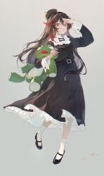1girl :o absurdres arm_up belt belt_buckle black_bow black_dress black_hair black_hat black_shoes bow buckle commentary dress frilled_dress frilled_shirt_collar frills full_body grey_background hair_ornament hat highres holding holding_stuffed_toy long_hair long_sleeves looking_at_viewer lucia_(pgr) lxc mary_janes open_mouth punishing:_gray_raven red_eyes red_hair shoes simple_background socks stuffed_animal stuffed_frog stuffed_toy tilted_headwear very_long_hair white_socks x_hair_ornament