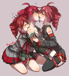 !? 3girls ahoge belt bite_mark bite_mark_on_neck bite_mark_on_shoulder biting black_thighhighs blush breast_pocket breasts buttons closed_eyes commentary_request cropped_jacket detached_sleeves drill_hair drooling fang full_body grey_background grey_belt grey_jacket grey_shirt grey_skirt hair_ribbon half-closed_eyes hand_on_another&#039;s_arm hand_under_clothes hand_under_shirt hato_no_mune_wo_momitai headset jacket jacket_partially_removed kasane_teto kasane_teto_(sv) kasane_teto_(utau) kasane_teto_(voicepeak) medium_hair miniskirt multiple_girls multiple_persona nervous parted_lips pleated_skirt pocket red_belt red_eyes red_hair red_trim ribbon saliva selfcest shirt shirt_partially_removed shoulder_boards shoulder_tattoo single_bare_shoulder sitting skin_fang skirt sleeveless sleeveless_shirt small_breasts sweat synthesizer_v tattoo tearing_up thighhighs tongue tongue_out twin_drills twitter_username undressing_another utau voicepeak white_ribbon yuri