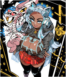 1girl 1other animal_ear_headphones animal_ears animal_skull arms_under_breasts belt belt_buckle black_belt black_choker black_thighhighs blue_eyeliner bone breast_cutout breasts brown_eyes brown_shirt buckle cat_ear_headphones center_opening choker cleavage cleavage_cutout clothing_cutout crossed_arms dark_skin double_bun eyelashes eyeliner face_piercing fake_animal_ears feet_out_of_frame fingerless_gloves from_above gloves glowing gold gold_pendant grey_jacket hair_bun headphones heart heart_in_eye hood hood_down hooded_jacket jacket kafun lip_piercing lips looking_at_viewer looking_up makeup miniskirt multicolored_hair nose_piercing original pendant_choker piercing pleated_skirt rabbit red_skirt see-through_cleavage see-through_clothes shirt skirt skull standing streaked_hair symbol_in_eye thighhighs tongue tongue_out white_hair zettai_ryouiki