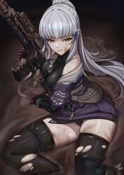 1girl absurdres assault_rifle breasts caiman_pool cross_hair_ornament dirty dirty_face girls&#039;_frontline girls&#039;_frontline_2:_exilium gloves green_eyes gun h&amp;k_hk416 hair_ornament highres hk416_(girls&#039;_frontline) jacket klukai_(girls&#039;_frontline_2) long_hair mud ponytail rifle sidelocks solo tattoo teardrop_facial_mark teardrop_tattoo thighhighs torn_clothes torn_thighhighs weapon