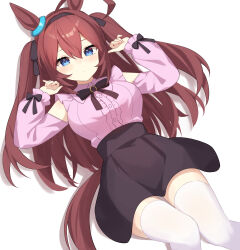 1girl alternate_costume alternate_hairstyle animal_ears astroglia_cyte black_bow black_bowtie black_hairband black_skirt blue_eyes blush bow bowtie collared_shirt detached_sleeves hair_between_eyes hair_bow hairband highres horse_ears horse_girl horse_tail jirai_kei long_hair long_sleeves looking_at_viewer mihono_bourbon_(umamusume) pink_shirt shirt simple_background skirt solo tail thighhighs two_side_up umamusume white_background white_thighhighs
