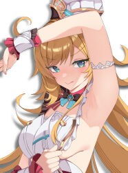 1girl :q absurdres apron aqua_eyes arm_up armpits blonde_hair blush bow bowtie breasts commentary escoffier_(genshin_impact) genshin_impact hat highres large_breasts presenting_armpit solo sylux tongue tongue_out upper_body white_apron white_hat wrist_cuffs