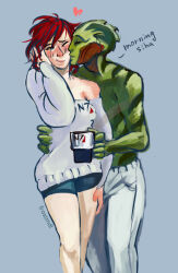 Rule 34 | alien, alternate costume, commander shepard, commander shepard (female), couple, drell, english text, frostmdl, good morning, kissing cheek, mass effect (series), thane krios, tumblr