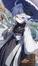 1girl absurdres bag black_dress black_kimono blue_eyes blue_hair brown_bag closed_mouth dress furina_(genshin_impact) genshin_impact hair_between_eyes heterochromia highres holding holding_bag holding_umbrella imasaki_kei jacket japanese_clothes kimono long_hair long_sleeves looking_at_viewer multicolored_hair oil-paper_umbrella smile solo umbrella white_hair white_jacket