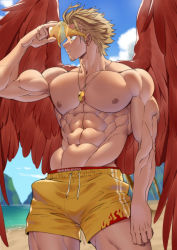 Rule 34 | 1boy, abs, absurdres, alternate costume, alternate pectoral size, bara, bare pectorals, beach, blonde hair, boku no hero academia, bulge, cowboy shot, facial hair, feathered wings, hawks (boku no hero academia), highres, large pectorals, lifeguard, male focus, male swimwear, mature male, muscular, muscular male, navel, nipples, outdoors, pectorals, red wings, short hair, solo, stomach, stubble, suyohara, swim briefs, thick thighs, thighs, topless male, water, whistle, whistle around neck, wings, yellow male swimwear