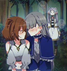 3girls =_= absurdres anger_vein black_pantyhose black_shirt blue_capelet blue_dress blush boots breasts brown_footwear brown_hair capelet closed_eyes commentary cropped_shirt dress earrings english_commentary english_text engrish_text floating_earring forest frieren gold_trim grey_hair highres imminent_kiss jewelry kanne_(sousou_no_frieren) lawine_(sousou_no_frieren) multiple_girls nature outdoors oz_sumire pantyhose pointy_ears puckered_lips ranguage shirt short_hair signature three-quarter_sleeves small_breasts sousou_no_frieren speech_bubble standing striped_clothes striped_shirt tree twintails upper_body white_capelet white_dress white_shirt yuri
