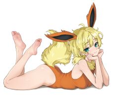 Rule 34 | 1girl, animal ears, barefoot, blonde hair, blue eyes, feet, flareon, gen 1 pokemon, humanization, leotard, looking at viewer, lying, medium hair, nihu, nintendo, on stomach, pokemon, smile, soles, tail, the pose, toes