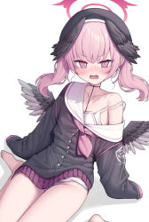 1girl barefoot black_hat black_wings blue_archive blush bra commentary_request feathered_wings halo hat head_wings highres koharu_(blue_archive) korean_commentary loli looking_at_viewer metaljelly open_mouth panties pink_eyes pink_hair pink_skirt red_halo sailor_collar single_bare_shoulder single_off_shoulder sitting skirt solo striped_clothes striped_panties twintails underwear wariza white_bra white_panties white_sailor_collar wings