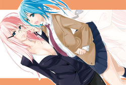 aqua_eyes ask02 blue_eyes blue_hair formal_clothes glasses hatsune_miku long_hair megurine_luka pink_hair skirt vocaloid