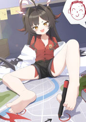 1boy 1girl :d absurdres barefoot black_horns black_shorts black_tail blue_archive blush book brown_hair coat coat_partially_removed demon_horns demon_tail fang feet flong foot_focus full_body halo highres holding holding_with_feet horns indoors kasumi_(blue_archive) lab_coat long_hair long_sleeves long_tail map marker open_mouth red_halo red_shirt sensei_(blue_archive) shirt shirt_tucked_in shorts smile soles solo_focus speech_bubble tail toes white_coat yellow_eyes