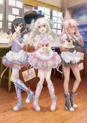 3girls :d absurdres apron black_footwear black_hair black_vest blue_footwear blue_neckwear boots bow bowtie brown_eyes cake chloe_von_einzbern closed_mouth dark-skinned_female dark_skin dress_shirt fate/kaleid_liner_prisma_illya fate_(series) fishnet_legwear fishnets floating_hair food frilled_skirt frills full_body garter_straps hair_over_shoulder hair_ribbon highres holding holding_plate illyasviel_von_einzbern indoors knee_boots layered_skirt long_hair looking_at_viewer miyu_edelfelt multiple_girls open_mouth pink_boots pink_hair pink_ribbon pink_shirt pink_skirt pink_vest plate ponytail purple_skirt red_bow red_eyes red_neckwear ribbon shirt short_sleeves silver_hair skirt smile thighhighs two_side_up very_long_hair vest waist_apron waitress white_apron white_legwear white_shirt yellow_eyes zettai_ryouiki