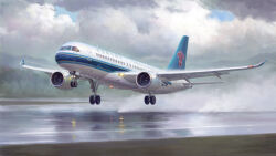 aircraft airplane china_southern_airlines cloud cloudy_sky comac_c919 dated ground_effect highres jeffholy jet_airliner landing_gear no_humans photorealistic realistic runway signature sky spray takeoff vehicle_focus