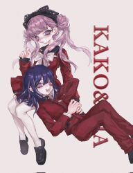black_bow blush bow brother_and_sister character_name closed_mouth hair_bow highres long_sleeves looking_at_viewer lying_on_lap lying_on_person matching_hair/eyes matching_outfits open_mouth pink_eyes pink_hair purple_hair siblings simple_background teeth the_hundred_line_-last_defense_academy- tongue tsukumo_ima tsukumo_kako twins white_background