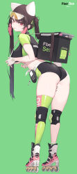 1girl :p absurdres ass black_hair breasts cloba commentary english_commentary eyewear_on_head fingernails from_behind full_body green_background green_thighhighs highres long_hair looking_at_viewer medium_breasts original pink_thighhighs player_2_(cloba) red_eyes roller_skates sideboob simple_background single_thighhigh skates solo standing sunglasses thighhighs thighs tongue tongue_out twintails two-tone_thighhighs underboob