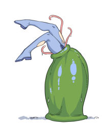 1girl bodysuit carnivorous_plant dyun from_side highres legs metroid metroid_(classic) monster nintendo samus_aran simple_background solo tentacles torn_bodysuit torn_clothes trapped upside-down vore white_background zero_suit