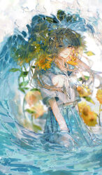 1girl absurdres bare_arms blonde_hair blue_sailor_collar blue_skirt braid commentary_request cowboy_shot eyelashes flower grey_eyes hair_flower hair_ornament heterochromia high-waist_skirt highres light_particles lips long_hair midriff_peek miniskirt neckerchief oo6 original parted_lips petals pleated_skirt sailor_collar school_uniform serafuku shirt short_sleeves single_braid skirt solo sunflower two_side_up wading waves white_background white_neckerchief white_shirt yellow_eyes yellow_flower