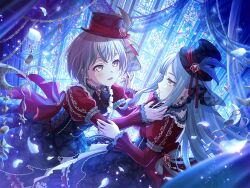 2girls bang_dream! bang_dream!_it&#039;s_mygo!!!!! black_hat blue_hair brown_eyes dress falling_petals game_cg grey_hair hat indoors long_hair long_sleeves multiple_girls nail_polish official_art open_mouth petals red_dress red_hat red_nails short_hair takamatsu_tomori third-party_source togawa_sakiko yellow_eyes yuri
