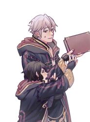 Rule 34 | 1boy, 1girl, black gloves, black hair, black robe, book, father and daughter, female morgan (fire emblem), fingerless gloves, fire emblem, fire emblem awakening, gloves, highres, holding, holding book, hooded robe, long sleeves, male robin (fire emblem), nintendo, open clothes, open robe, ra sunflower, robe, short hair, simple background, standing, white background, white hair