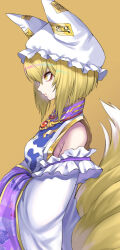 1girl animal_ears armpits bare_shoulders blonde_hair breasts detached_sleeves eyeliner fox_ears hat highres long_sleeves makeup medium_breasts mob_cap multiple_tails open_mouth re_(re_09) red_eyeliner short_hair sideboob solo tail touhou yakumo_ran yellow_eyes