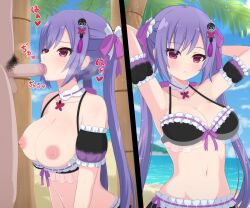 Rule 34 | 1boy, 1girl, arm garter, arms behind head, arms up, assault lily, bar censor, bare shoulders, bikini, bikini pull, bikini top pull, blue sky, blurry, blurry background, blush, breasts, breasts out, censored, clothed female nude male, clothed sex, clothes pull, cloud, collarbone, commentary request, day, fellatio, frilled bikini, frilled ribbon, frills, front-tie bikini top, front-tie top, hair ornament, hair ribbon, haniwa (kiminozorazio), heart, heavy breathing, hetero, highres, horizon, jewelry, large breasts, long hair, looking at another, looking at viewer, male pubic hair, matsumura fuuka, multiple views, navel, nipples, nude, official alternate costume, oral, out of frame, outdoors, palm tree, parted lips, pendant, penis, pink eyes, pink ribbon, pubic hair, purple hair, raised eyebrows, ribbon, ribbon-trimmed bikini, ribbon trim, saliva, see-through bikini, see-through clothes, sky, solo focus, sparkle, spoken heart, standing, stomach, sweat, swimsuit, tassel, tassel hair ornament, testicles, translation request, tree, twintails, twitching penis, upper body, very long hair, water