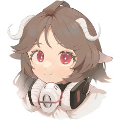 Rule 34 | animal ears, arknights, brown hair, closed mouth, cropped head, daku k, eyjafjalla (arknights), highres, horns, long hair, looking at viewer, mask, mask around neck, portrait, red eyes, sheep ears, sheep girl, sheep horns, smile, white background, white horns
