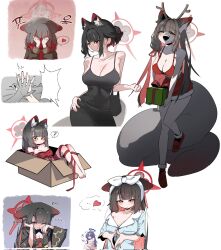 2girls ? alternate_costume animal_ears antlers bag bare_shoulders black_bag black_dress black_footwear black_hair black_jacket black_kimono black_sailor_collar blue_archive blue_pajamas blue_shirt blush box breasts closed_mouth completely_nude cosplay covering_own_eyes crying deer_antlers dress embarrassed floral_print fox_ears fox_girl fox_tail fur_trim gift_wrapping hair_between_eyes hair_bun hair_ribbon hand_on_own_hip hand_over_another&#039;s_hand handbag heart highres holding holding_box horns implied_sex in_box in_container jacket japanese_clothes kimono large_breasts long_hair looking_at_viewer looking_down multiple_girls nude open_mouth own_hands_together pajamas red_dress red_ribbon red_scarf ribbon sailor_collar santa_costume santa_dress scarf scarf_over_mouth shaded_face shirt short_dress sidelocks smile smsm516 steam tail tears wakamo_(blue_archive) white_ribbon wiping_tears yellow_eyes yuuka_(blue_archive) yuuka_(blue_archive)_(cosplay) yuuka_(pajamas)_(blue_archive)