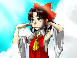 Rule 34 | 1girl, alternate eye color, armpits, ascot, blue sky, bow, breasts, brown hair, cloud, commentary request, curtained hair, day, detached sleeves, frilled bow, frilled hair tubes, frills, green eyes, hair bow, hair tubes, hakurei reimu, hands in own hair, hot, looking afar, no bra, open mouth, outdoors, red bow, red shirt, ribbon-trimmed sleeves, ribbon trim, shirt, short hair, sideboob, sidelocks, simotukiryuusi, sky, sleeveless, sleeveless shirt, small breasts, solo, sweat, touhou, upper body, white sleeves, yellow ascot