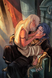 2boys absurdres alternate_costume ameliecausse armor armor_under_clothes averting_eyes black_robe blonde_hair casual from_behind gauntlets gemini_saga gold_armor gold_cloth gold_saint hands_on_another&#039;s_cheeks hands_on_another&#039;s_face highres indian_clothes indoors long_hair long_sleeves multiple_boys pillar robe saint_seiya sitting sitting_on_lap sitting_on_person sitting_on_throne straddling throne upright_straddle virgo_shaka wide_sleeves yaoi