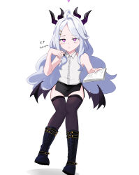 1girl absurdres ahoge black_halo black_skirt black_thighhighs blue_archive breasts demon_girl demon_horns demon_wings halo highres hina_(blue_archive) holding holding_paper horns hoshi_yunsa long_hair looking_at_viewer paper purple_eyes shirt skirt small_breasts solo thighhighs white_hair white_shirt wings