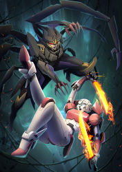 2girls absurdres airachnid arcee autobot blue_eyes claws decepticon dual_wielding energy_sword extra_arms falling fighting high_heels highres holding holding_sword holding_weapon kicking mecha multiple_girls open_mouth red_eyes robot sword the_transformers_(idw) transformers weapon zhuyukun2003