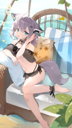 1girl absurdres ahoge animal_ear_fluff animal_ears arknights barefoot bikini black_bikini blue_eyes breasts commentary_request fox_ears fox_girl fox_tail grey_hair hair_between_eyes hand_up headphones_for_animal_ears highres knees_together_feet_apart looking_at_viewer navel pillow see-through_clothes small_breasts solo sussurro_(arknights) sussurro_(summer_flower)_(arknights) swimsuit tail teketi water