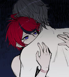 2boys ahoge aotsuki_eito bare_back black_hair blue_background blue_eyes breasts fingernails from_behind grey_hair highres huge_breasts male_focus messy_hair multicolored_eyes multicolored_hair multiple_boys red_eyes red_hair rope_marks simple_background streaked_hair sumino_takumi the_hundred_line_-last_defense_academy- topless_male upper_body yaoi
