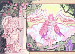 1girl angel angel_wings breasts colored_skin cookie_run cookie_run:_kingdom demon_girl demon_wings dress eternal_sugar_cookie flower highres long_hair medium_breasts pillar pink_flower pink_hair pink_rose pink_skin rose solo spoonspoon statue very_long_hair white_dress wings