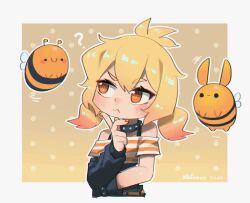 Rule 34 | 1girl, :s, ?, artist name, bare arms, bee, black collar, blonde hair, bug, collar, commentary, dated, detached sleeves, english commentary, gradient background, hand on own chin, highres, insect, low twintails, medium hair, multicolored hair, nail polish, off-shoulder shirt, off shoulder, orange eyes, orange hair, orange nails, original, outline, polka dot, polka dot background, porforever, shirt, short sleeves, simple background, single detached sleeve, solo, studded collar, thinking, twintails, upper body, wavy mouth, white outline