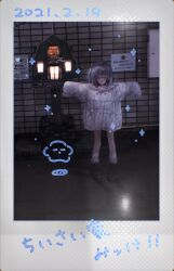 1girl 2021 absurdres arms_up black_shoes border closed_eyes coat commentary dated facing_viewer fake_photograph full_body grey_hair highres long_sleeves medium_hair open_mouth original outstretched_arms polaroid_photo shiratsuyu_mone shoes sleeves_past_fingers sleeves_past_wrists smile socks solo spread_arms standing symbol-only_commentary translation_request white_border white_coat white_socks