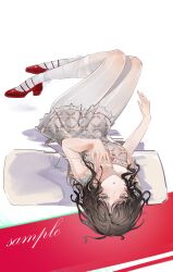 1girl :o absurdres boots brown_hair commentary dress flantia full_body grey_eyes highres loafers long_hair looking_at_viewer lying on_back on_pillow original pantyhose pillow red_background red_boots sample_watermark shoes simple_background sleeveless sleeveless_dress solo upside-down watermark white_background white_dress white_pantyhose
