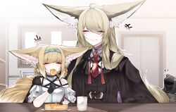+++ 1other 2girls ^_^ absurdres animal_ear_fluff animal_ears arknights black_gloves black_vest blonde_hair blue_hairband closed_eyes cup doctor_(arknights) eating food fox_ears fox_girl fox_tail gloves hairband highres holding multiple_girls necktie red_necktie samip shirt smile suzuran_(arknights) tail vest vulpisfoglia_(arknights) white_shirt