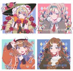 Rule 34 | 4girls, :d, black gloves, blonde hair, blue dress, blue eyes, blue flower, blue hairband, blue neckerchief, bow, braces, brown coat, brown eyes, brown hair, newsboy cap, chin strap, closed mouth, coat, commission, curly hair, daisy (flower), dress, drill hair, elbow gloves, facial mark, finger frame, flower, gloves, green dress, green eyes, green gloves, green headwear, grey hair, hairband, hand in own hair, hands on own cheeks, hands on own face, hands up, hat, hat flower, heart, heart facial mark, holding, holding flower, jacket, lily (flower), long sleeves, low twintails, matilda bouanich, medium hair, multiple girls, neckerchief, one side up, open mouth, orange bow, orange eyes, polka dot neckerchief, puffy long sleeves, puffy sleeves, red dress, red flower, red jacket, red rose, regulus (reverse:1999), reverse:1999, rose, sample watermark, shenlan yunxing, shirt, short hair, sleeveless, sleeveless dress, smile, sotheby, sun hat, teeth, tooth fairy (reverse:1999), twin drills, twintails, upper body, upper teeth only, watermark, white flower, white shirt