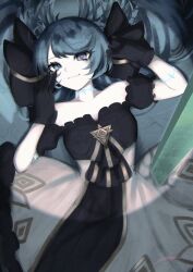 1girl absurdres bare_shoulders black_bow black_gloves blue_hair body_markings bow commentary commission cross-shaped_pupils dress gloves gwen_(league_of_legends) highres league_of_legends lying on_back puffy_short_sleeves puffy_sleeves short_sleeves skeb_commission smile sutorobo72 symbol-shaped_pupils