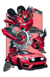 artist_name ashley_artly border car circular_saw commentary commission decepticon english_commentary ford ford_mustang ford_mustang_s550 highres knockout_(transformers) looking_at_viewer mecha motor_vehicle muscle_car open_hand outside_border parted_lips red_background red_eyes redesign robot saw smile solo spoiler_(automobile) transformers transformers_prime wheel white_border