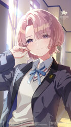 1girl absurdres album_cover arimura_mao asymmetrical_bangs bad_link blue_bow bow cover gakuen_idolmaster highres idolmaster official_art pink_hair purple_eyes school_uniform short_hair smile solo window
